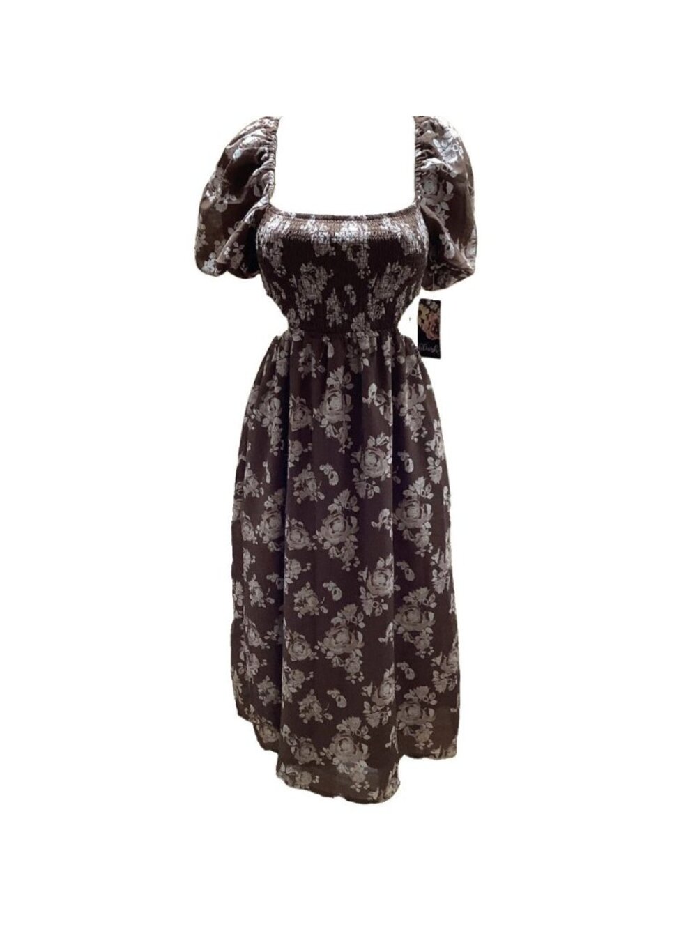 Hint Of Blush Size Medium Women’s Brown Floral Dress Puff Sleeve Open Back. New